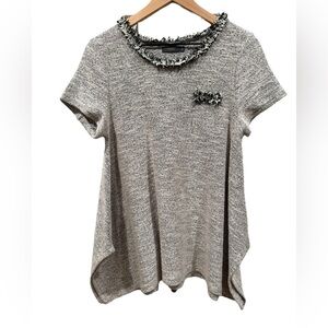 THML Cotton Blend Tweed Short Sleeve Textured Metallic Gray Black Fringe Top M‎